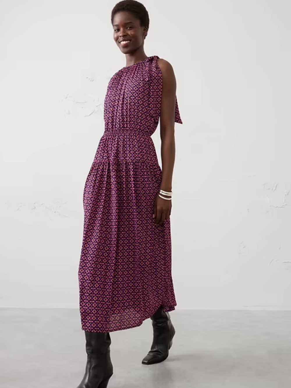 BANANA REPUBLIC SHIRRED-NECK DROP-WAIST
MIDI DRESS